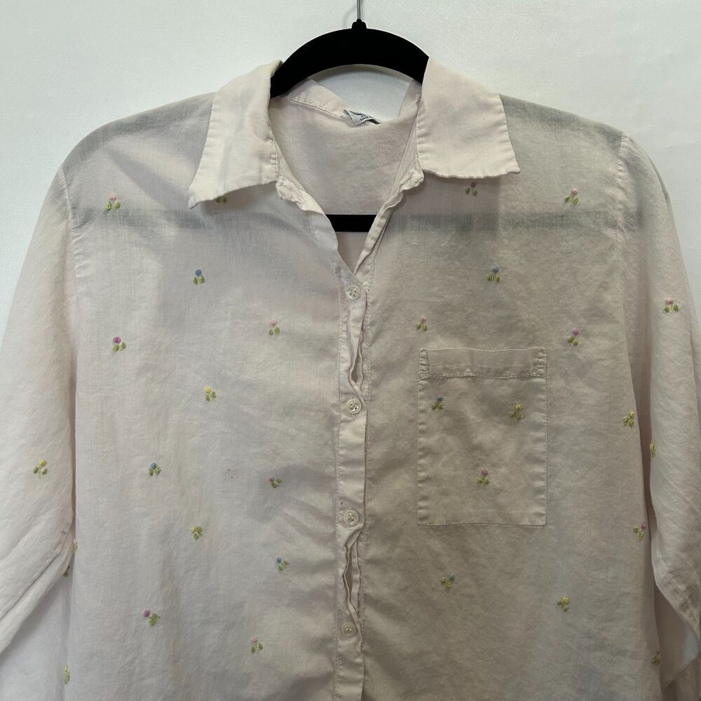 Nocturne White Floral Print Button Down Short Sleeve Shirt Top Women's